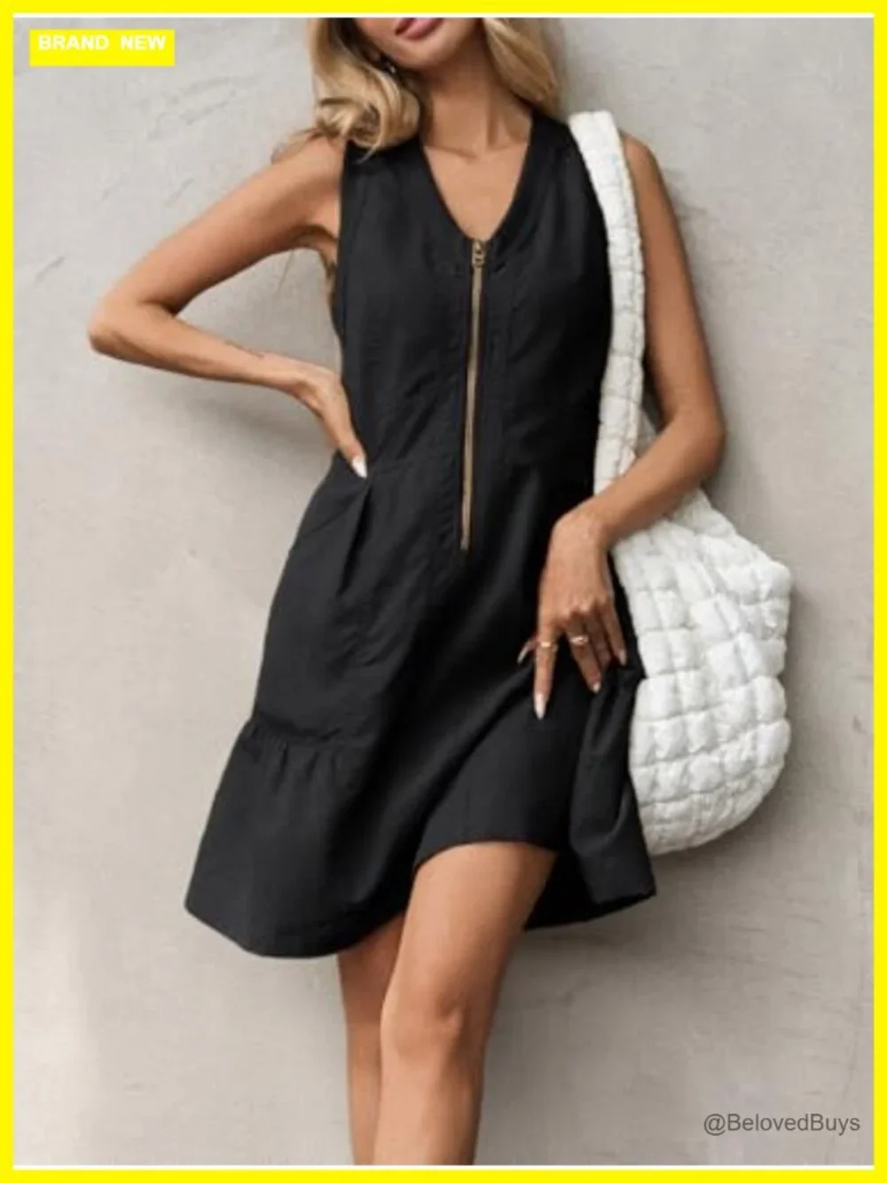 Sleeveless Tank Dress with Half Zip, V Neck, Mesh Back, Side Pockets, Loose Fit